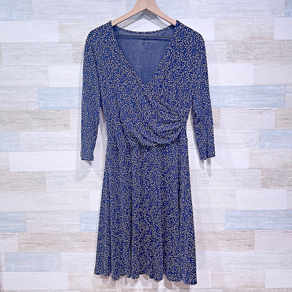Garnet Hill 3/4 Sleeve Wrap Dress Blue White Mesh Lined Casual Womens Medium